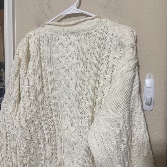 VINTAGE Fisherman Sweater Structure Roll neck Ivory mens L 90s cable knit cotton - Picture 7 of 8